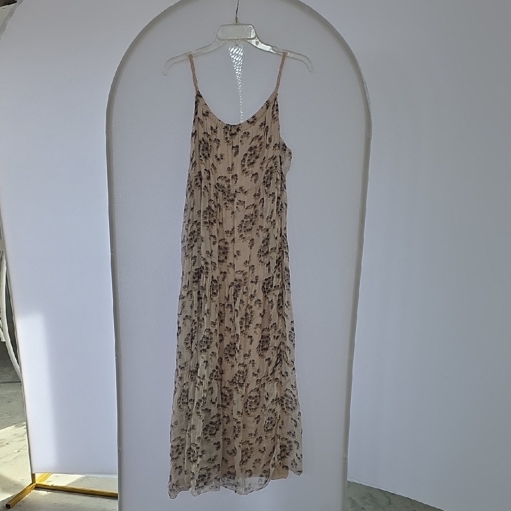 Beige Patterned Slip Dress Maxi with Braided  Spaghetti Straps Sz M ELENA BALDI